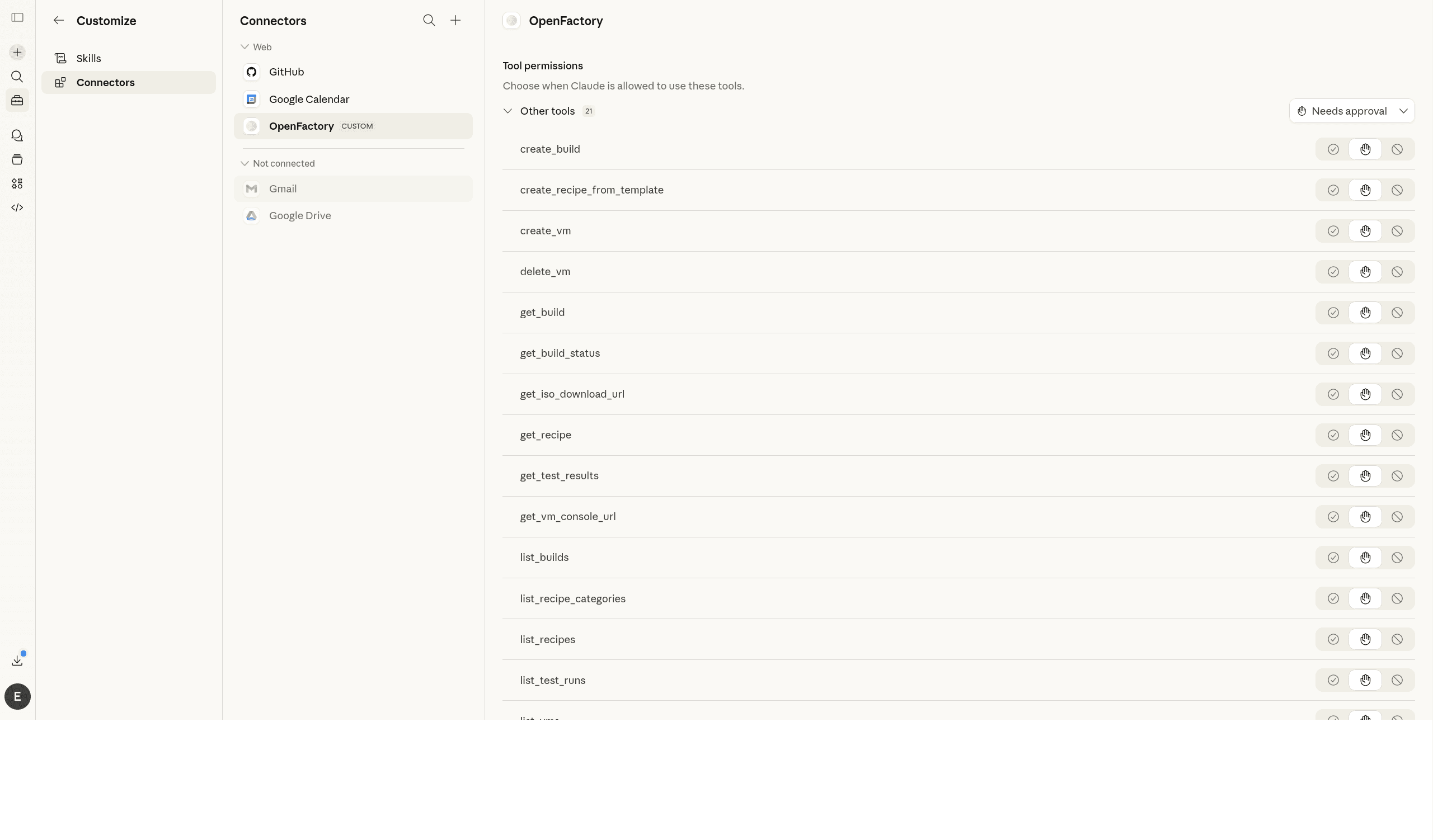 OpenFactory MCP connector configured in Claude.ai settings, showing all 21 available tools